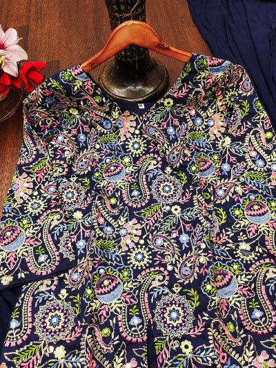 Navy Blue Tapeta Silk Embroidered Mirror Work Sharara Suit - BONYHUBSALWAR KAMEEZ