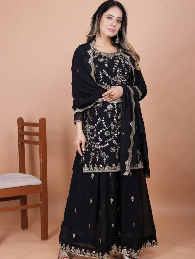 Black Designer Georgette Sharara Suit with Embroidery Dupatta - BONYHUBSALWAR KAMEEZ