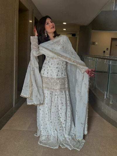 White & Gold Embroidery Work Sharara Suit  BONYHUB