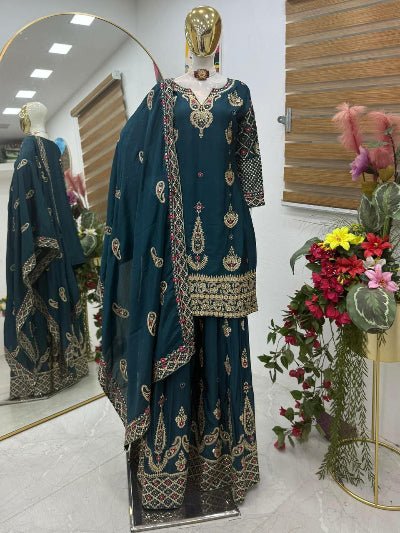 Designer Chinon Silk Embroidery Sequins Sharara Suit - BONYHUBSALWAR KAMEEZ