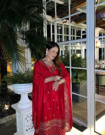 Red Chinon Silk Embroidery Sequins Sharara Palazzo Suit - BONYHUBSALWAR KAMEEZ