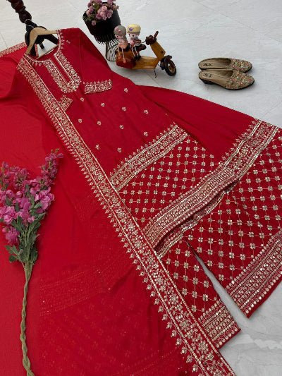 Red Chinon Silk Embroidery Sequins Sharara Palazzo Suit - BONYHUBSALWAR KAMEEZ
