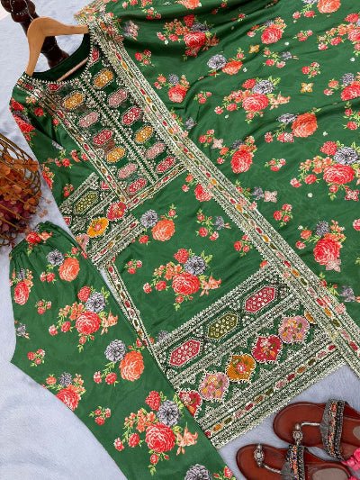 Green Chinon Silk Floral Embroidered Straight Suit Set - BONYHUBSALWAR KAMEEZ