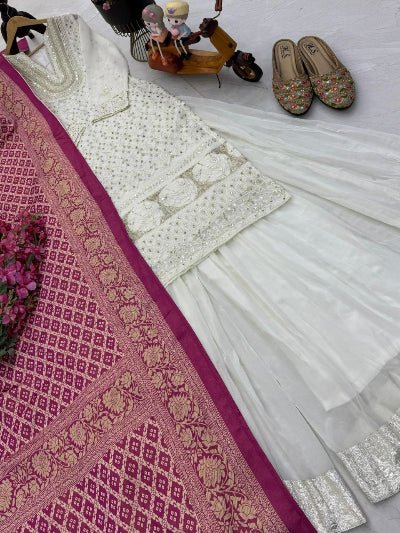 Ivory Georgette Sharara Suit With Magenta Soft Silk Dupatta - BONYHUBSALWAR KAMEEZ