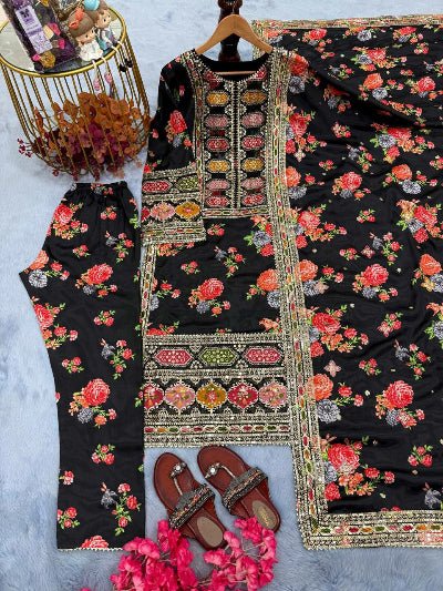 Black Chinon Silk Floral Embroidered Straight Suit Set - BONYHUBSALWAR KAMEEZ