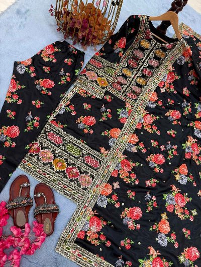 Black Chinon Silk Floral Embroidered Straight Suit Set - BONYHUBSALWAR KAMEEZ