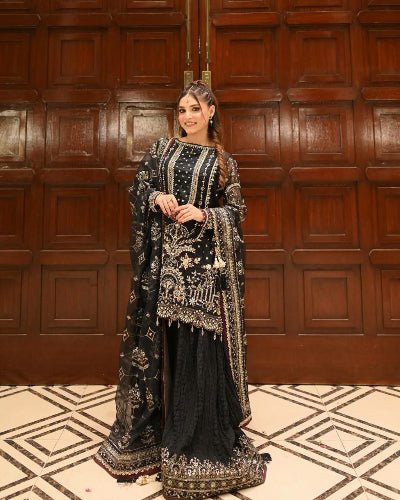 Black Georgette Gold Embroidered Sharara Palazzo Suit - BONYHUBSALWAR KAMEEZ
