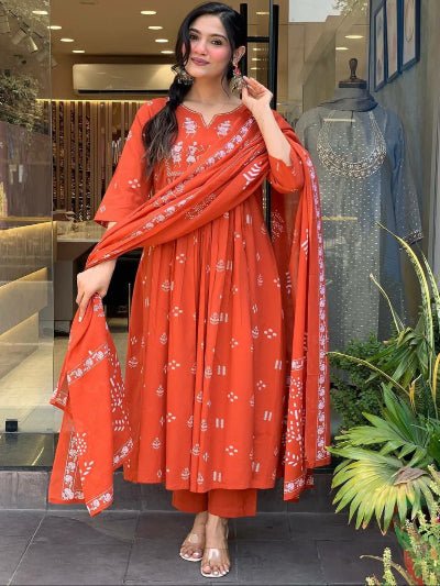 Orange Premium Cotton Embroidered Anarkali Suit - BONYHUBSALWAR KAMEEZ