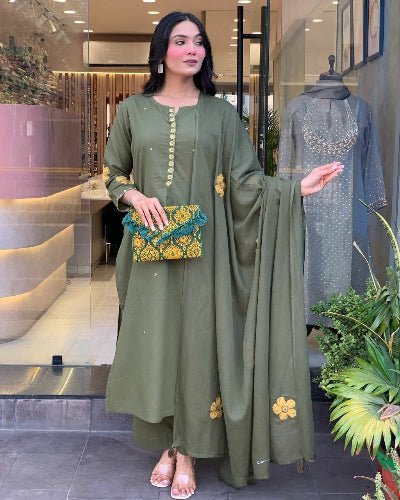 Olive Green Chanderi Beautiful Anarkali Suit Set - BONYHUBSALWAR KAMEEZ
