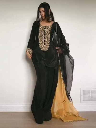 Black Satin Embroidery Farshi Suit With Organza Dupatta - BONYHUBSALWAR KAMEEZ