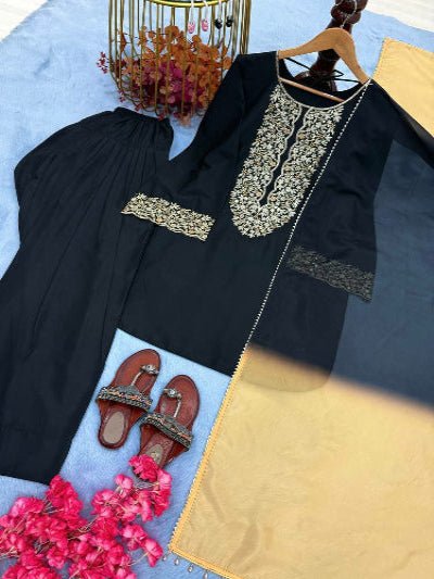 Black Satin Embroidery Farshi Suit With Organza Dupatta - BONYHUBSALWAR KAMEEZ