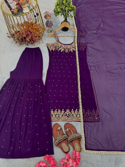 Purple Georgette Mirror Handwork Embroidered Sharara Suit - BONYHUBSALWAR KAMEEZ