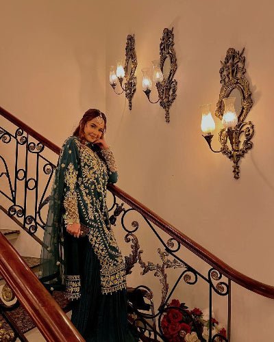 Teal Blue Georgette Rich Sequins Work Sharara Palazzo Suit - BONYHUBSALWAR KAMEEZ