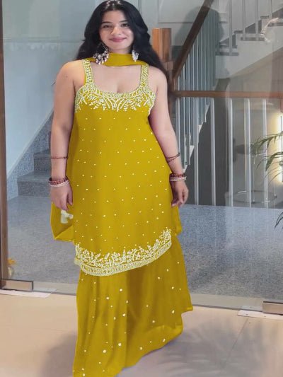 Mustard Georgette Mirror Handwork Embroidered Sharara Suit - BONYHUBSALWAR KAMEEZ