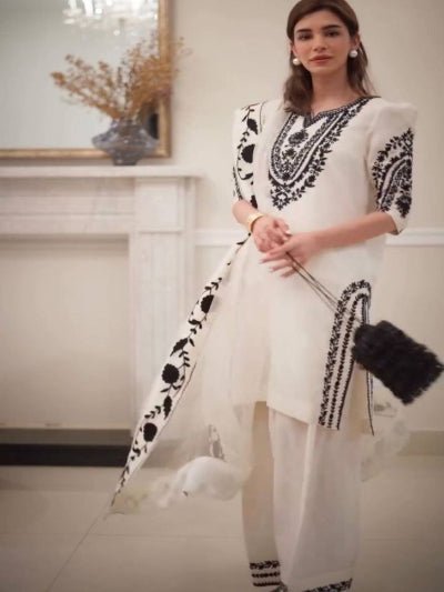 White Natural Crepe Black Embroidered Farshi Suit - BONYHUBSALWAR KAMEEZ