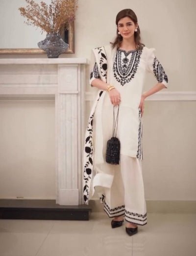White Natural Crepe Black Embroidered Farshi Suit - BONYHUBSALWAR KAMEEZ