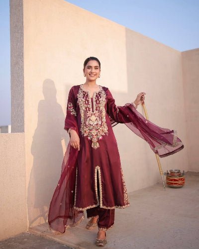 Maroon Satin Silk Embroidered Straight Suit Set - BONYHUBSALWAR KAMEEZ