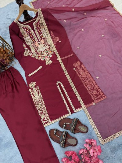 Maroon Satin Silk Embroidered Straight Suit Set - BONYHUBSALWAR KAMEEZ