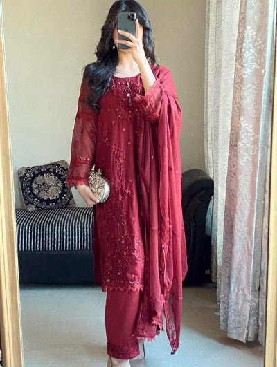 Maroon Georgette Embroidery Moti Work Straight Suit Set - BONYHUBSALWAR KAMEEZ