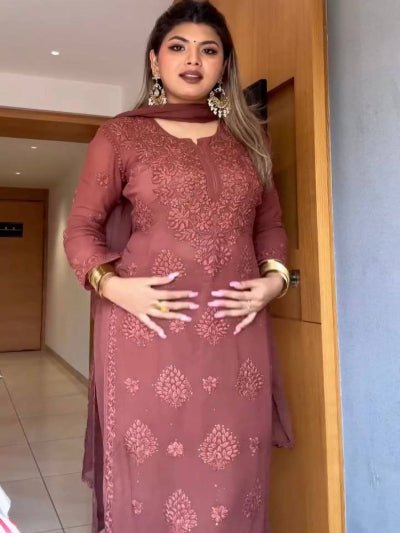 Dusty Mauve Georgette Chikankari Straight Suit Set - BONYHUBSALWAR KAMEEZ