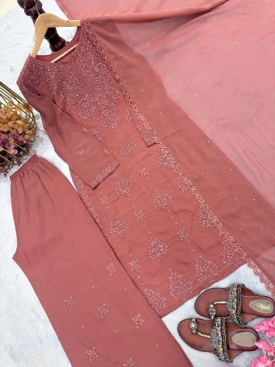 Dusty Mauve Georgette Chikankari Straight Suit Set - BONYHUBSALWAR KAMEEZ