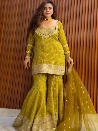 Mustard Yellow Chinon Silk Bandhani Print Sharara Suit - BONYHUBSALWAR KAMEEZ