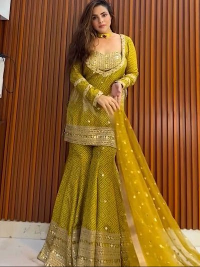Mustard Yellow Chinon Silk Bandhani Print Sharara Suit - BONYHUBSALWAR KAMEEZ