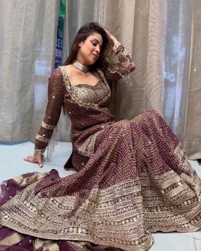 Burgandy Chinon Silk Bandhani Print Sharara Suit - BONYHUBSALWAR KAMEEZ