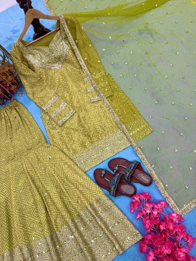 Mustard Yellow Chinon Silk Bandhani Print Sharara Suit - BONYHUBSALWAR KAMEEZ