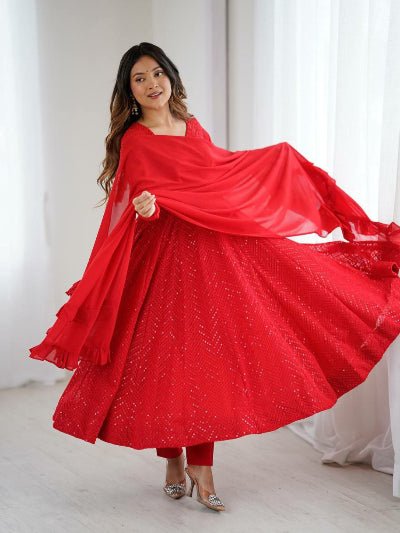Red Lucknowi Sequence Work Georgette Anarkali Suit Set - BONYHUBSALWAR KAMEEZ