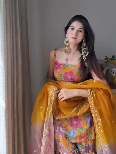 Yellow Floral Chinon Silk Sharara Suit Set - BONYHUBSALWAR KAMEEZ