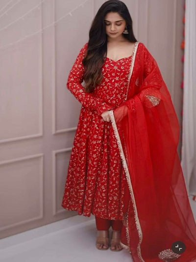 Elegant Red Georgette Anarkali Gown Set with Golden Embroidery - BONYHUBSALWAR KAMEEZ