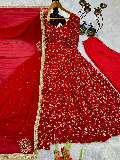 Elegant Red Georgette Anarkali Gown Set with Golden Embroidery - BONYHUBSALWAR KAMEEZ
