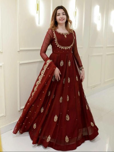 Maroon Designer Embroidered Gown Dupatta Set Of 2 - BONYHUBSALWAR KAMEEZ