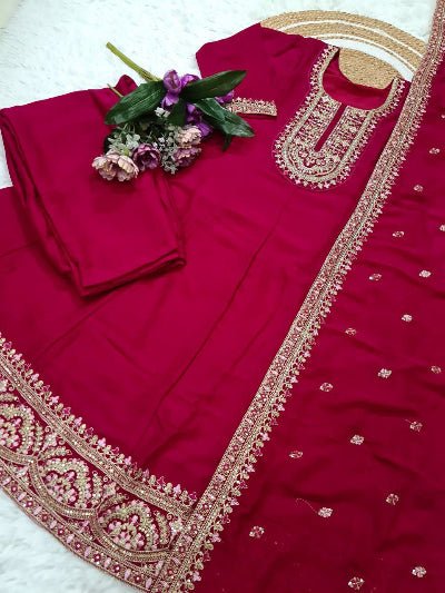 Maroon Vichitra Silk Embroidery Work Anarkali Suit - BONYHUBSALWAR KAMEEZ