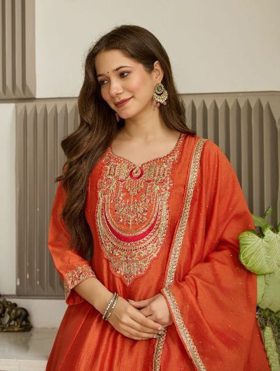Rust Orange Vichitra Silk Embroidery Work Anarkali Suit - BONYHUBSALWAR KAMEEZ
