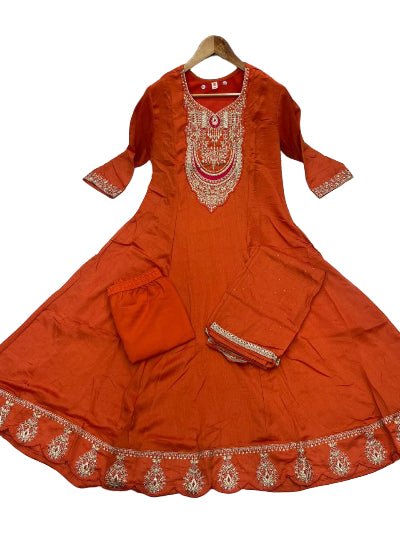Rust Orange Vichitra Silk Embroidery Work Anarkali Suit - BONYHUBSALWAR KAMEEZ