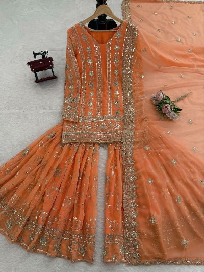 Elegant Orange Georgette Sequins Sharara Set with Dupatta - BONYHUBSALWAR KAMEEZ