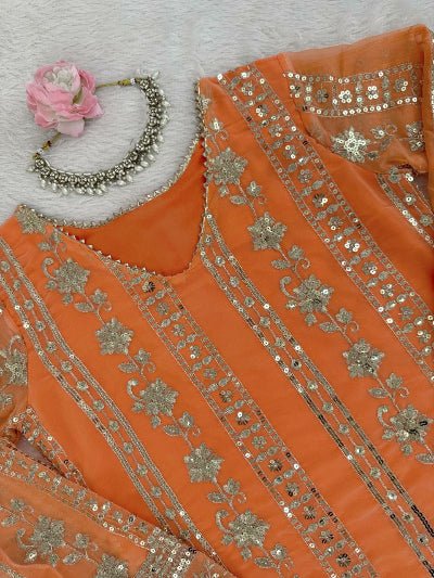Elegant Orange Georgette Sequins Sharara Set with Dupatta - BONYHUBSALWAR KAMEEZ