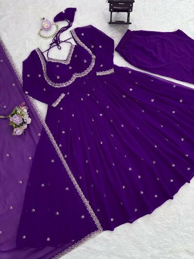 Purple Georgette Ethnic Embroidered Anarkali Suit Set - BONYHUBSALWAR KAMEEZ
