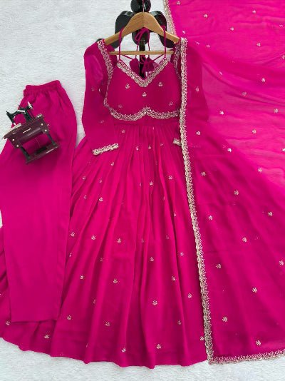 Hot Pink Georgette Ethnic Embroidered Anarkali Suit Set - BONYHUBSALWAR KAMEEZ