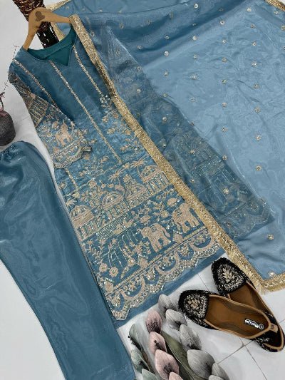 Ice Blue Organza Sequins Work Straight Suit Set - BONYHUBSALWAR KAMEEZ