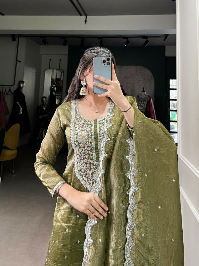 Olive Green Gold Crush Embroidered Straight Suit Set - BONYHUBSALWAR KAMEEZ