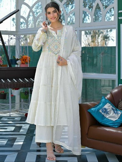 White Graceful Ethnic Anarkali Suit Set - BONYHUBSALWAR KAMEEZ