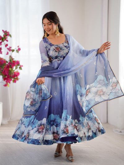 Blue Ombre Floral Soft Organza Anarkali Suit Set - BONYHUBSALWAR KAMEEZ