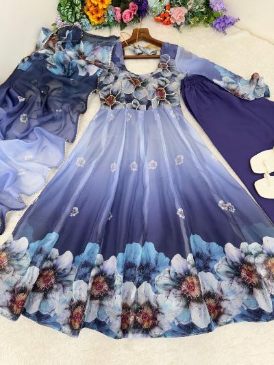Blue Ombre Floral Soft Organza Anarkali Suit Set - BONYHUBSALWAR KAMEEZ
