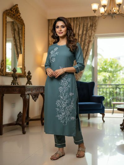 Teal Roman Silk Elegant Kurti Pant Set Of 2 - BONYHUBSALWAR KAMEEZ