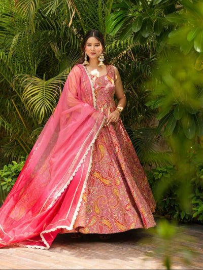 Blush Pink Organza Digital Print Gown Dupatta Set Of 2 - BONYHUBSALWAR KAMEEZ