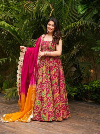 Pink Organza Multicolor Printed Gown Dupatta Set Of 2 - BONYHUBSALWAR KAMEEZ