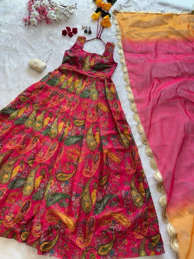 Pink Organza Multicolor Printed Gown Dupatta Set Of 2 - BONYHUBSALWAR KAMEEZ